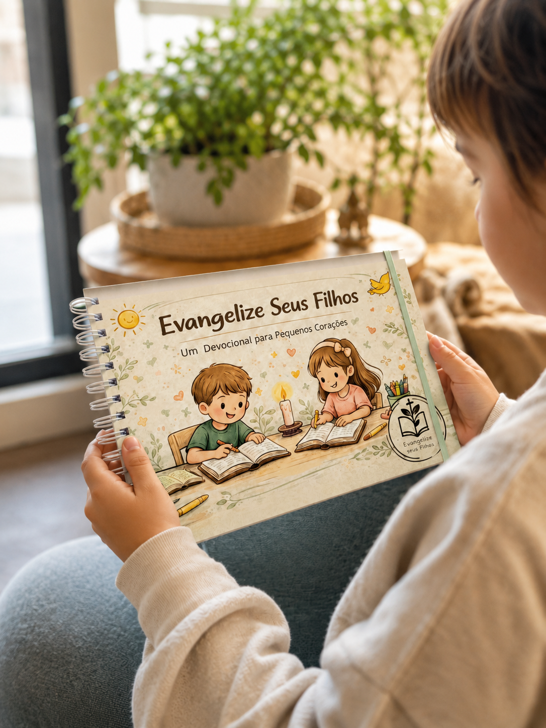 Criança segurando o devocional Evangelize Seus Filhos