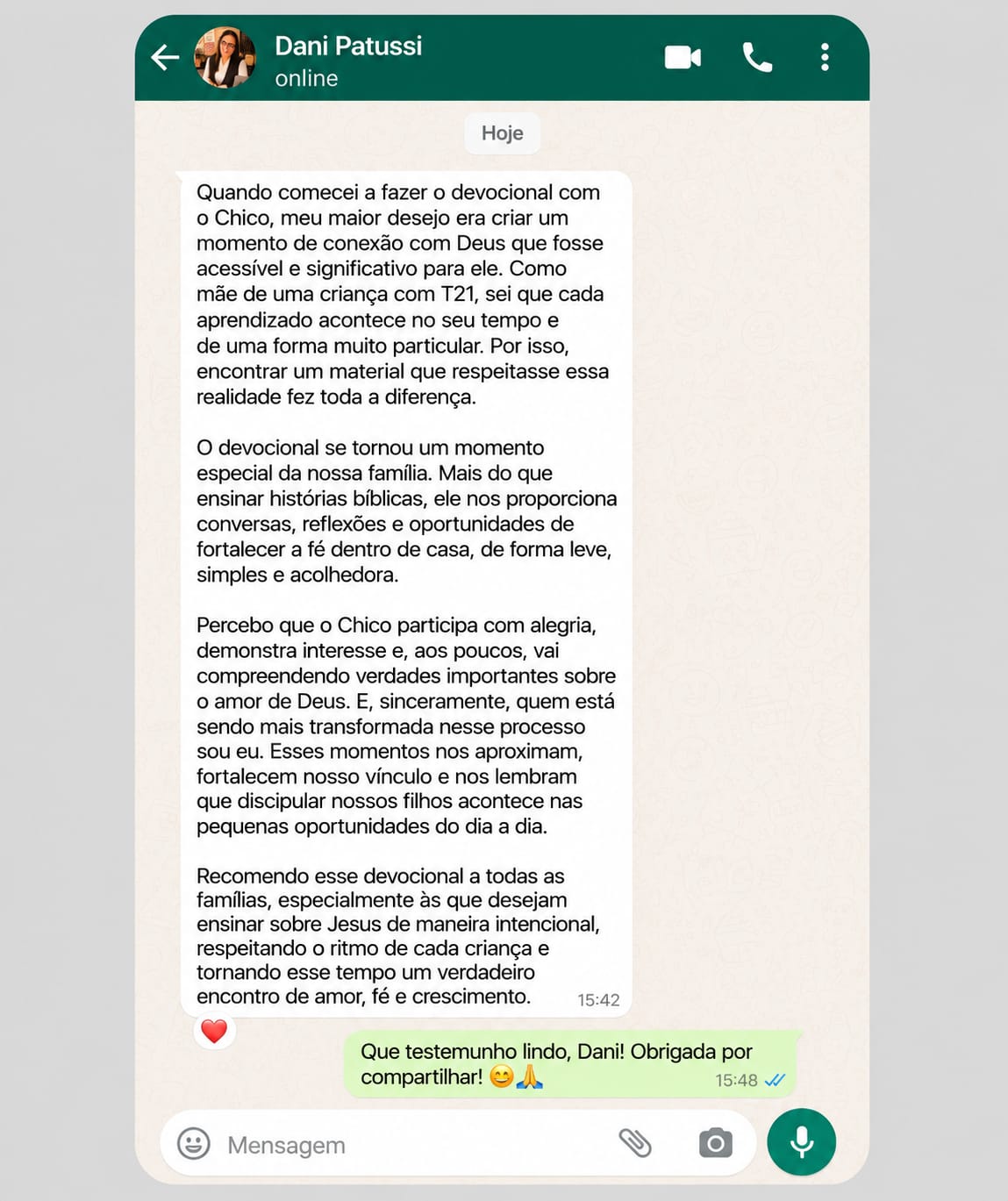Depoimento de Dani Patussi sobre o devocional
