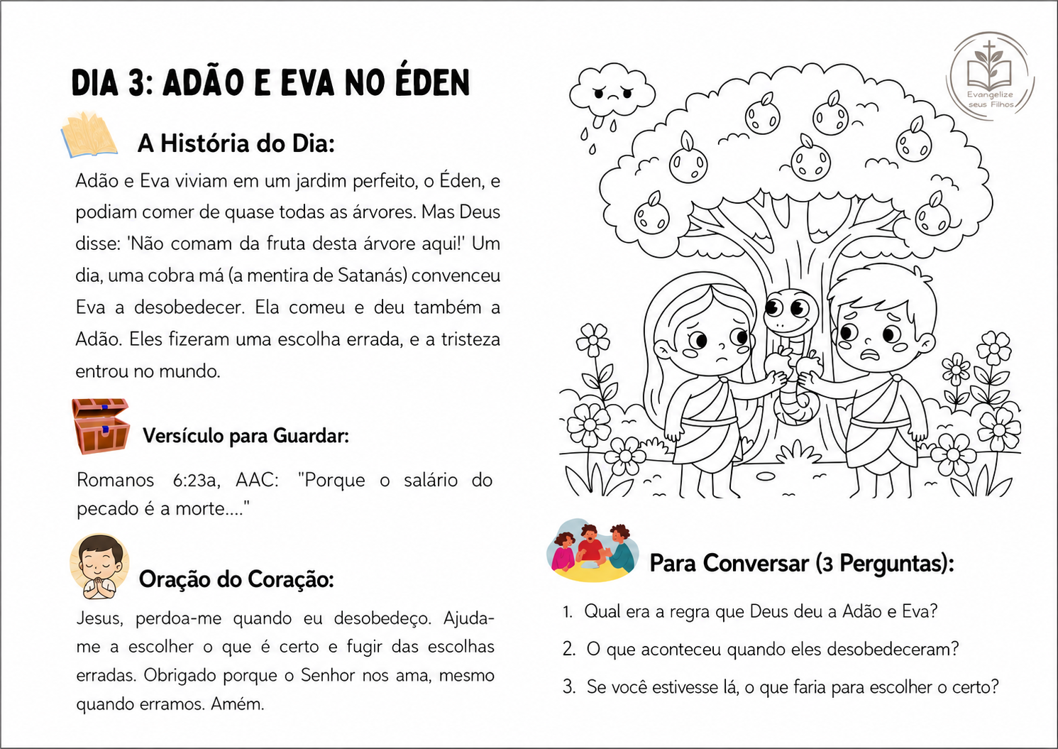 Página interna do devocional com história, versículo e desenho